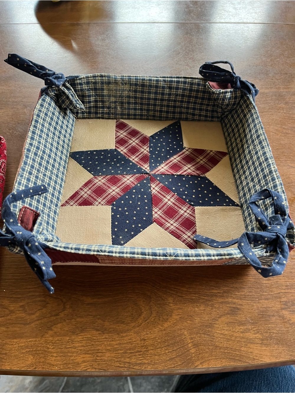 Quilted Fabric Storage Tray - Blue and Red Star Patch
